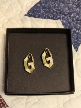 Givenchy Gold and White 'G' Enamel Drop Earrings